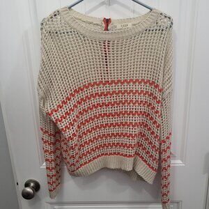Flowy crochet cream & orange striped waist length sweater (S/M)